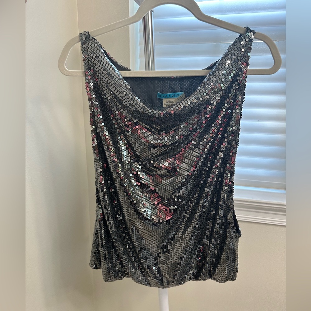 Alice + Olivia Black and Silver Sequin Tank Top, Large